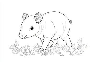Obraz premium Baby tapir with a small snout, walking through tiny leaves.