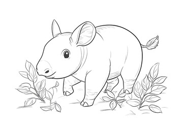 Fototapeta premium Baby tapir with a small snout, walking through tiny leaves.