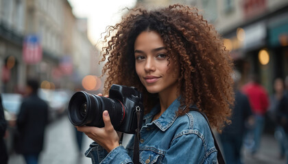 Young woman with curly hairs holds camera on street. Photographer takes photo with digital equipment. Creative process of capturing content. Photojournalist freelancer works with lens outdoors.