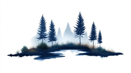 Obraz premium Tranquil forest clearing with tall pine trees reflecting in a calm pond