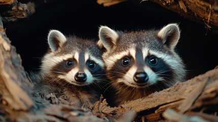 Fototapeta premium Two adorable raccoons peek out from their rustic burrow, embodying curiosity and playfulness in their natural setting, inviting viewers into their charming woodland world.