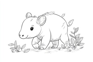 Obraz premium Baby tapir with a small snout, walking through tiny leaves.