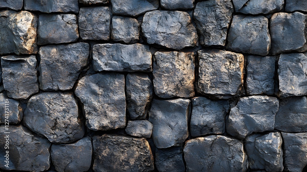 Poster Close-up view of a dark grey stone wall. The texture is rough and irregular with various sized stones. Dark Grey Stone Wall Texture: Rough, Irregular, Close-up
