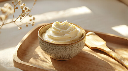 Bowl of cream on a wooden tray with a spatula and dried flowers basking in warm sunlight in a still life.