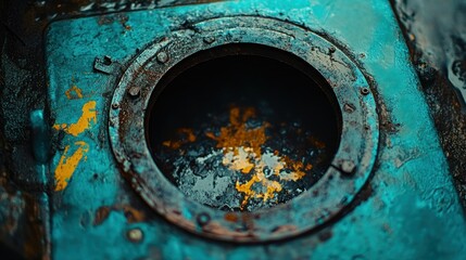 Rusty Porthole with Texture and Colors on an Old Boat Surrounded by Water and Vegetation