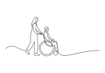 Continuous One Line Woman Pushing Wheelchair | Minimalist Disability Support Vector Illustration