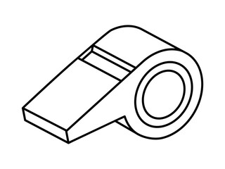 Hand drawn cute outline illustration of warning whistle. Alarm pipe. Flat vector caution signal in line art doodle. Referee or trainer tool icon. Attention sound sticker. Competition blower. Isolated.