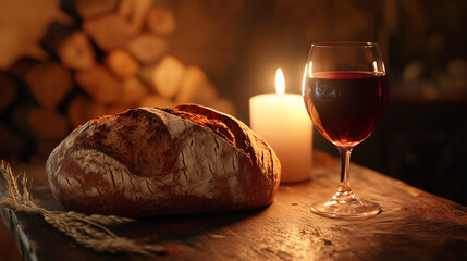 Rustic bread loaf and glass of red wine on a wooden table, evoking a cozy atmosphere with warm candlelight in the background.
