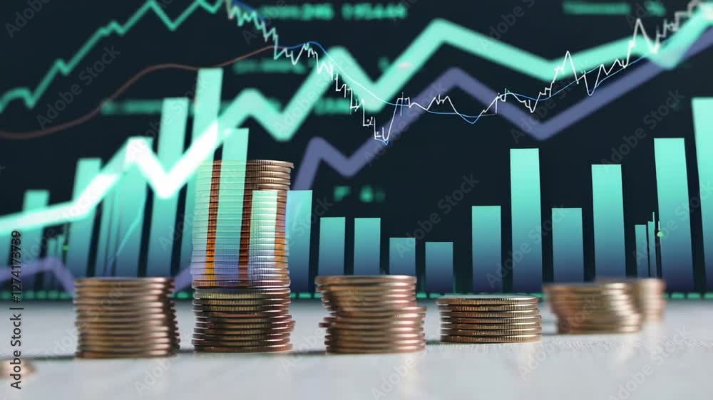 Aufkleber Coin stacks evolve against a backdrop of dynamic stock market charts, illustrating financial trends and investment performance in a slow motion sequence