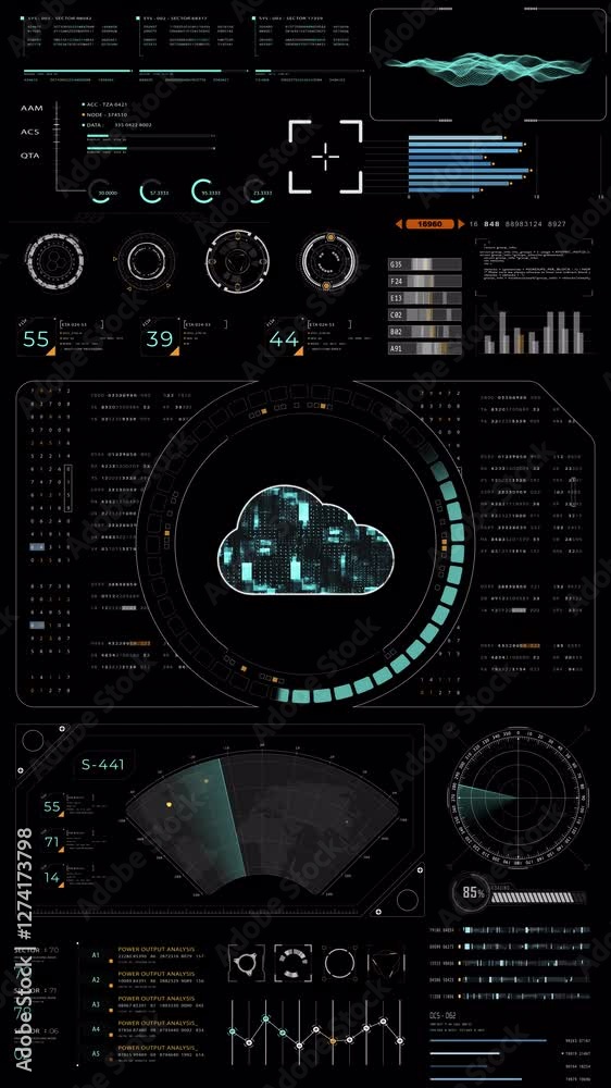 Poster motion graphic of blue digital cloud computing with circuit panel hud ui and futuristic technology a