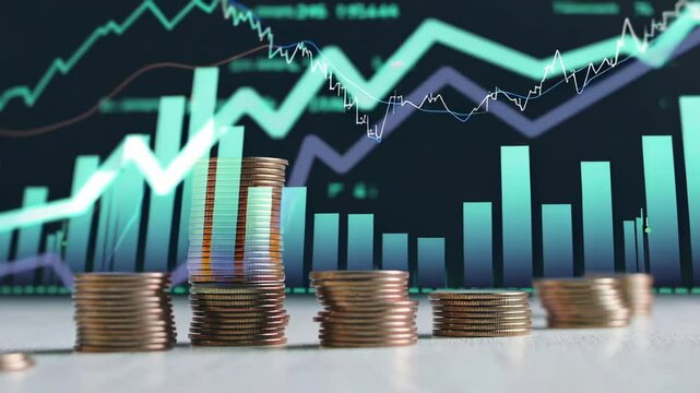 Coin stacks evolve against a backdrop of dynamic stock market charts, illustrating financial trends and investment performance in a slow motion sequence