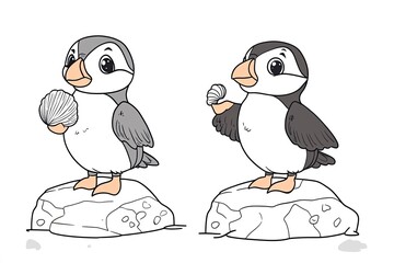 Fototapeta premium Little puffin holding a tiny seashell, standing on a rock.