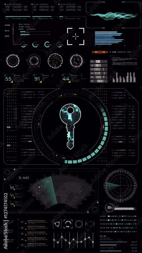 Fototapete motion graphic of blue digital security key with hud ui and circuit panel futuristic abstract backgr