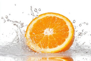 Delicious orange slice splashing fresh juice isolated on white background