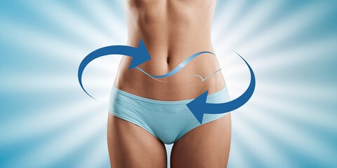 A close-up image of a woman's torso and lower abdomen, with arrows symbolizing body movement for fitness, weight loss, and waist shaping.