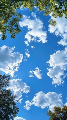 Fototapeta premium Bright blue sky filled with fluffy clouds above a vibrant green park during midday sunshine