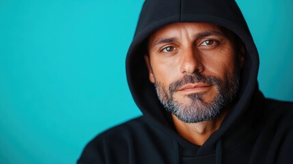 A mature man in a hooded sweatshirt gazes thoughtfully into the camera, displaying a serene expression and warm features against a soothing turquoise backdrop.