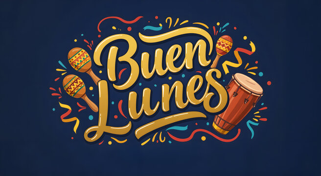 "Buen Lunes" colorful lettering with maracas and drum