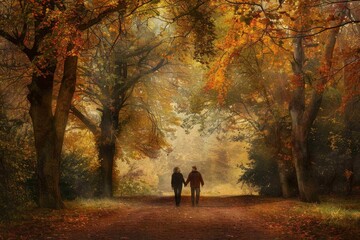 Couple walking hand in hand through an autumn park surrounded by vibrant foliage and soft sunlight during late afternoon hours