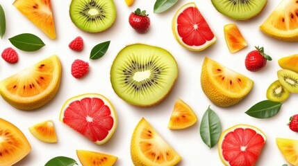 Naklejka premium A vibrant assortment of fresh fruits arranged beautifully, showcasing colorful slices of watermelon, kiwi, grapefruit, and strawberries against a clean white background.