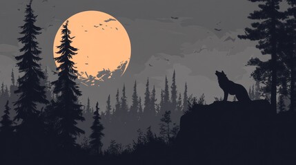 Fototapeta premium A wolf howls at the moon in the dark forest under a cloudy night sky; nature themed image