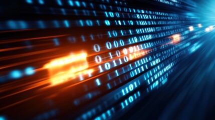 Abstract digital background showcasing flowing binary data. A captivating blend of blue and orange tones creates a sense of motion and innovation in the tech landscape.