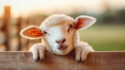 A friendly sheep leans over a rustic fence, basking in the gentle glow of sunset, evoking feelings of tranquility and connection with nature.