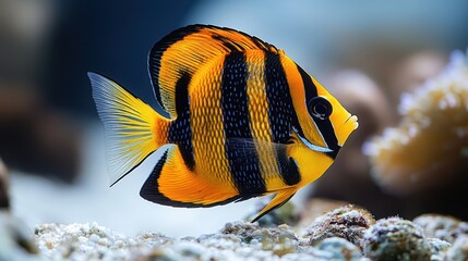 Naklejka premium A stunning butterflyfish with yellow and black markings, clean white background
