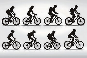 Cyclists biking, mountain trail, silhouette, vector