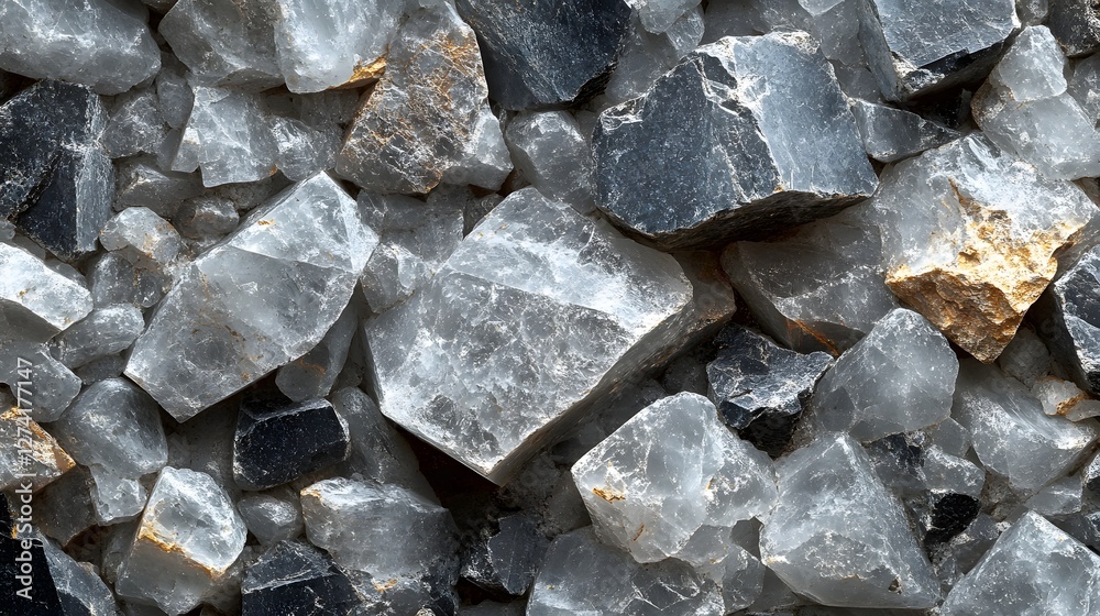 Poster close-up view of various grey and black crystals, showcasing their unique textures and formations.