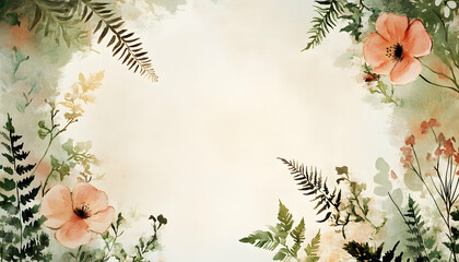 Watercolor Floral Frame with Peach Flowers and Ferns on Beige Background