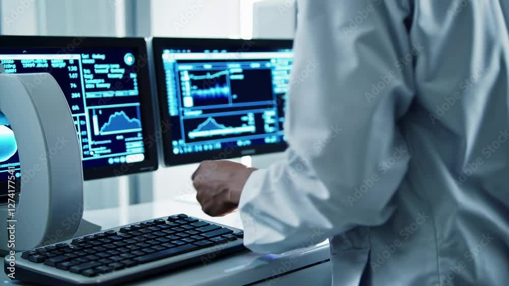Poster Laboratory scientist wearing lab coat analyzing medical data on computer and adjusting futuristic medical equipment in a modern laboratory, captured in slow motion