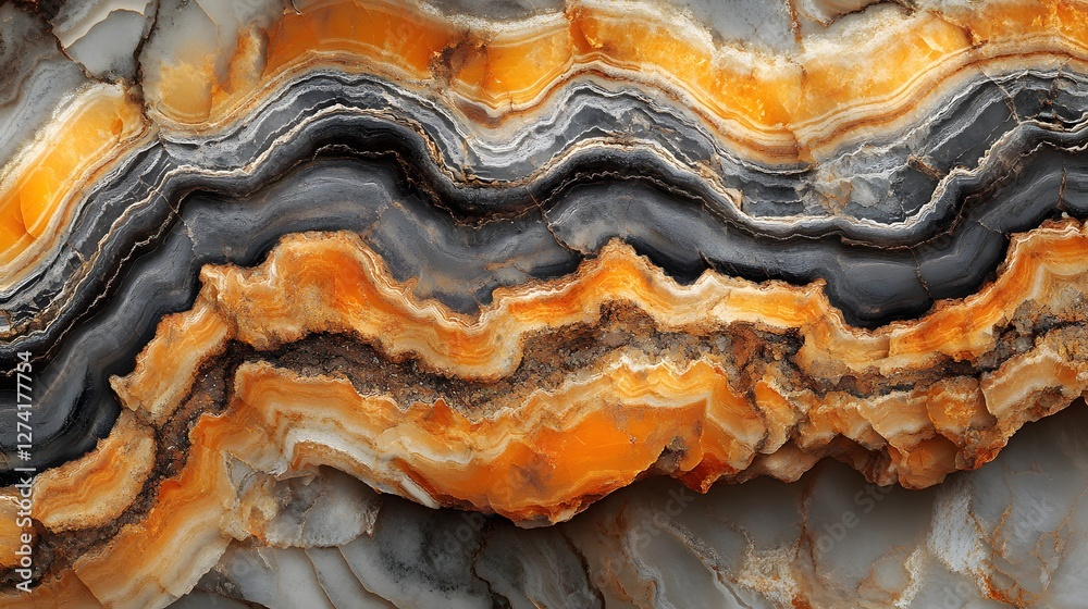 Poster close-up of a captivating onyx stone showcasing its vibrant orange and gray layers. the intricate te