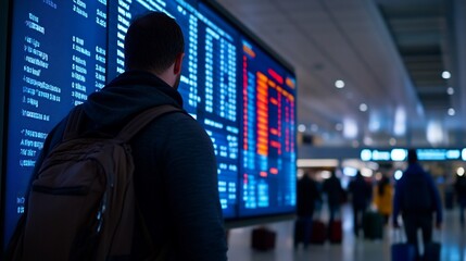Traveler checking flight status at airport information board display