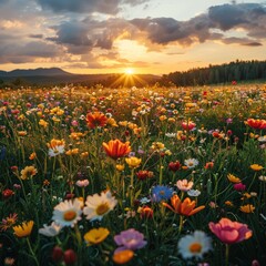 Colorful Blooming Flowers in a Serene Meadow
