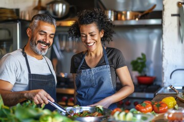Portrait of a grinning mixed race couple in their 40s cooking together
