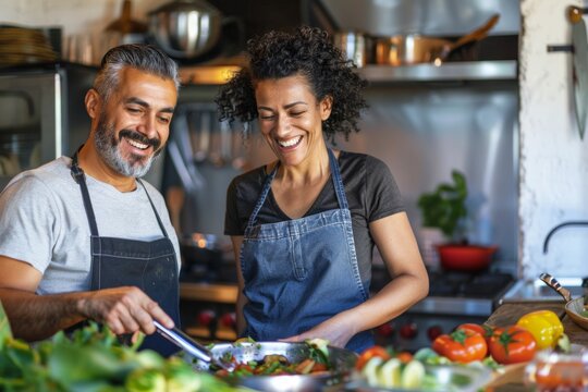 Portrait of a grinning mixed race couple in their 40s cooking together