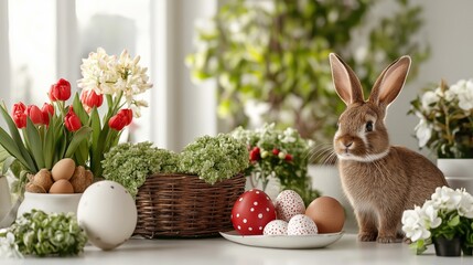 Decorated Easter eggs and rabbit isolated