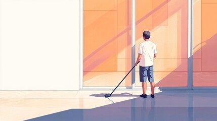 Man cleaning outdoor modern glass building