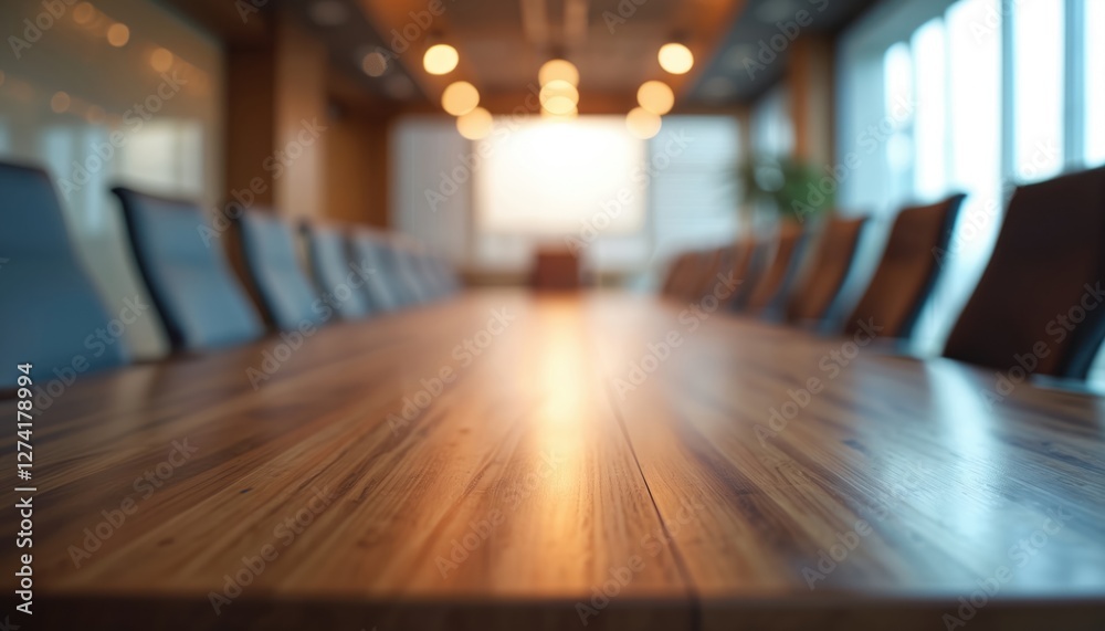 Poster empty wooden boardroom table for product display with blurred background. conference room in corpora
