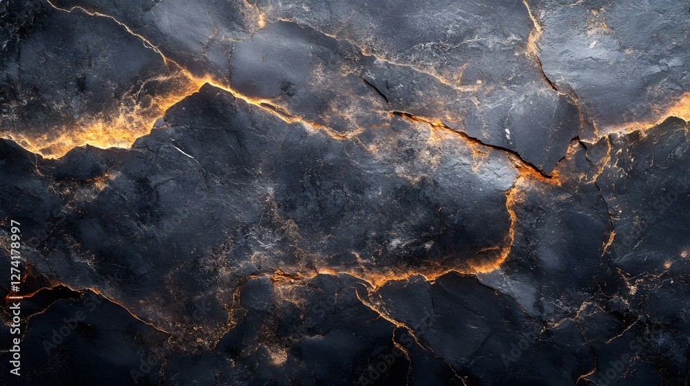 Poster close-up view of dark stone with glowing cracks. intricate texture and dramatic lighting. glowing cr