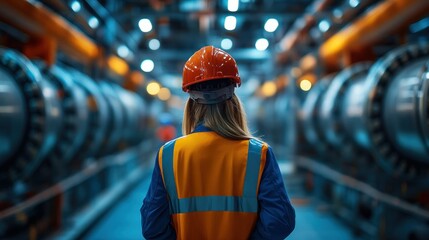 Industrial Worker in Safety Gear Observing Machinery in Modern Production Facility