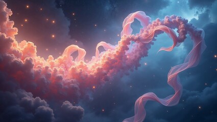 Iridescent Ribbon Illustration, Fluid Weightless Curves, Pastel and Gemstone Hues in an Ethereal Dimension