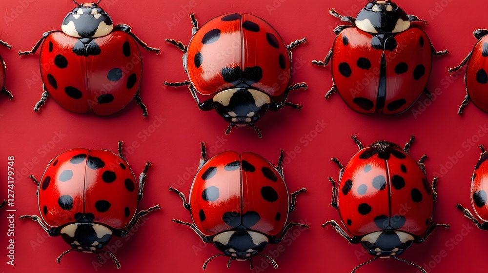 Poster Close-up of multiple red ladybugs with black spots arranged on a red background. The image showcases the insects' shiny exteriors and intricate details. Red Ladybugs on Red Background