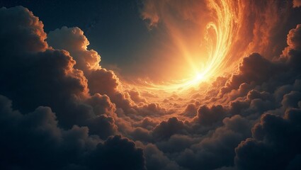 Golden Photon Beam Illustration, Swirling Nebular Mist, Star-Studded Cosmic Expanse with Copy Space