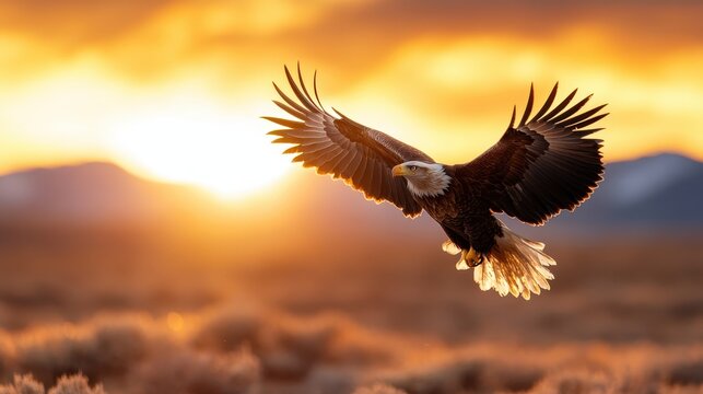An impressive bald eagle soars through the air, beautifully contrasted by a vibrant sunset, demonstrating the essence of nature's beauty and power in wildlife.