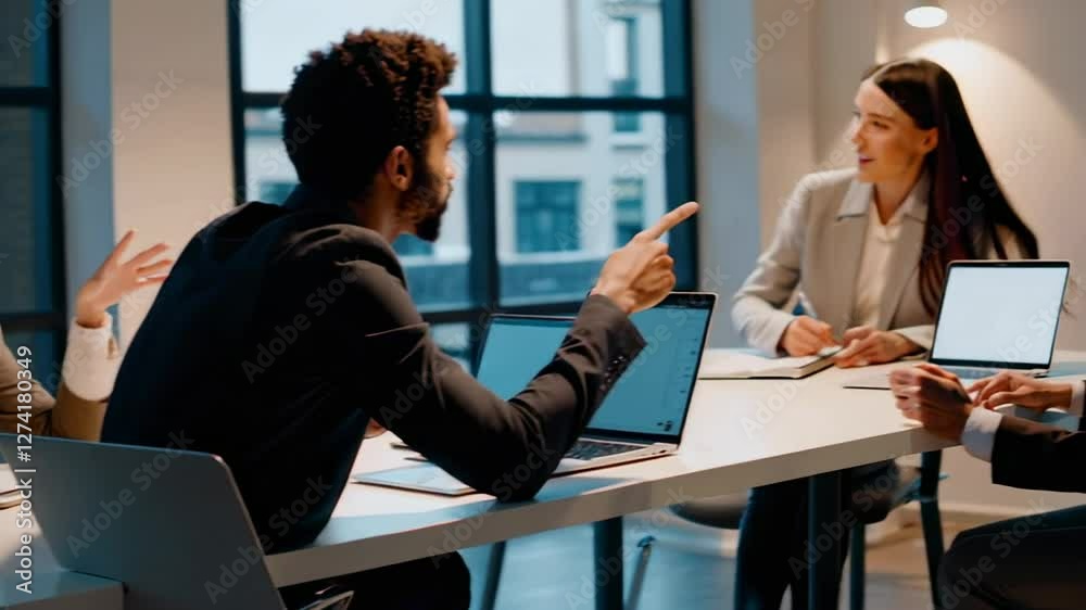 Poster Professional team analyzing project details, revealing collaborative problem solving through strategic communication in diverse corporate workplace setting