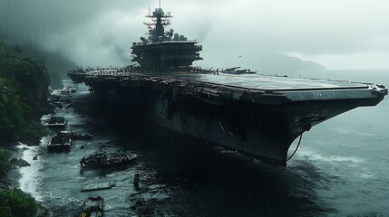 Damaged aircraft carrier, storm, coast, evacuation