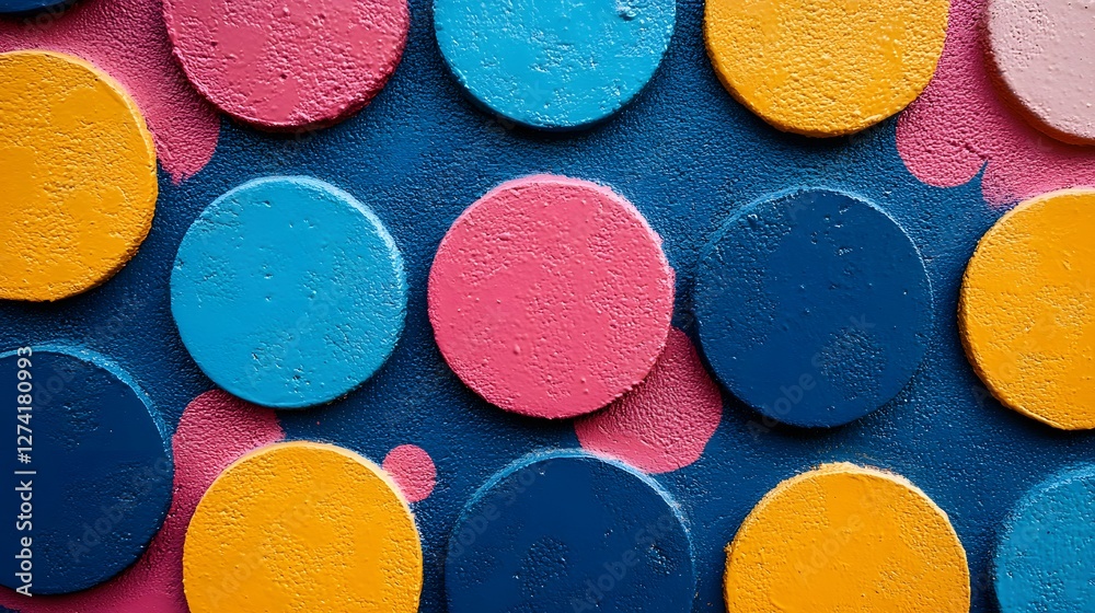 Poster close-up view of a wall decorated with colorful, painted circles creating an abstract art piece. vib