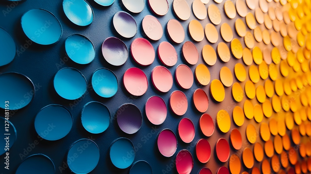 Poster Abstract art featuring a gradient of colorful circles on a wall. A vibrant and textured visual display. Vibrant Color Gradient Wall: Abstract Circular Design